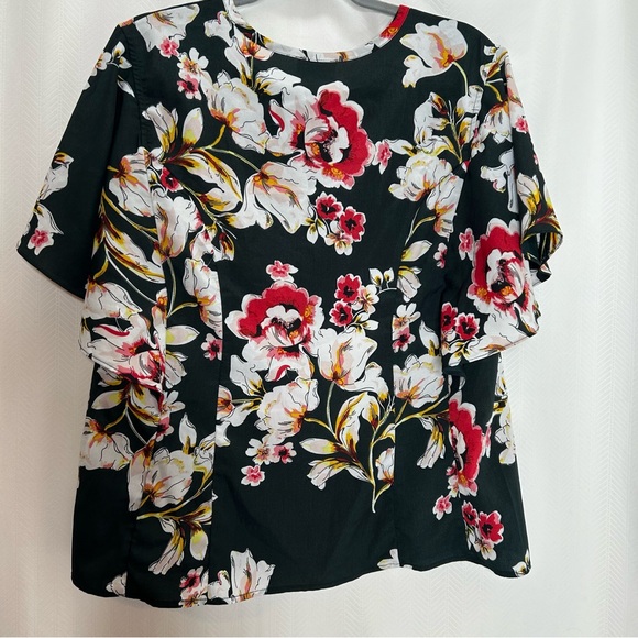 Unique Vintage black floral blouse button up flutter sleeves size 14 - Picture 5 of 5